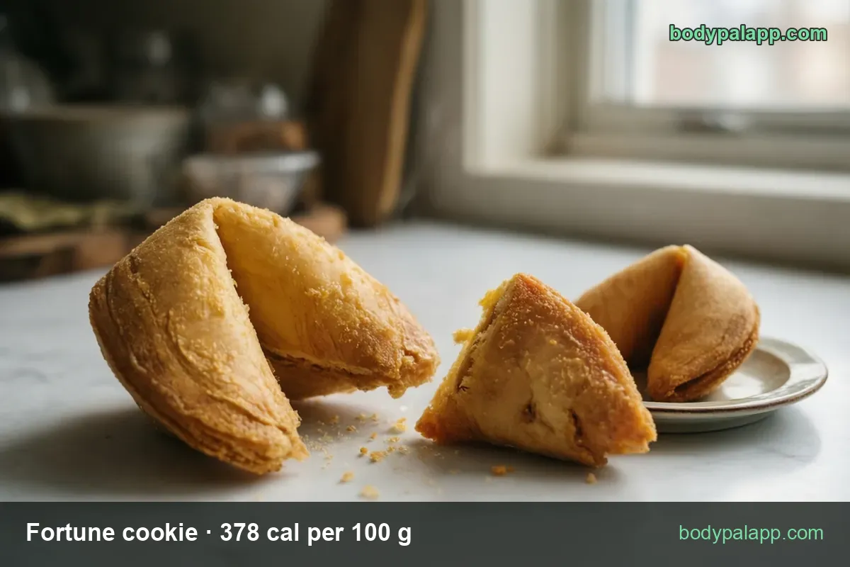 Three fortune cookies, two on a marble counter and one on a small plate with crumbs, 1 cookie 30 cal and 3 cookies 91 cal
