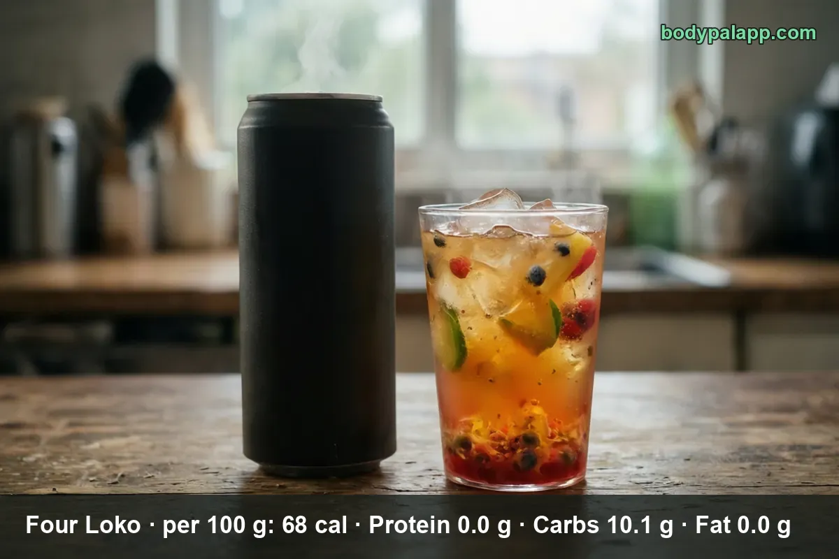 Tall unlabeled black can beside a glass of orange-red fruit drink with ice, blueberries and lime.