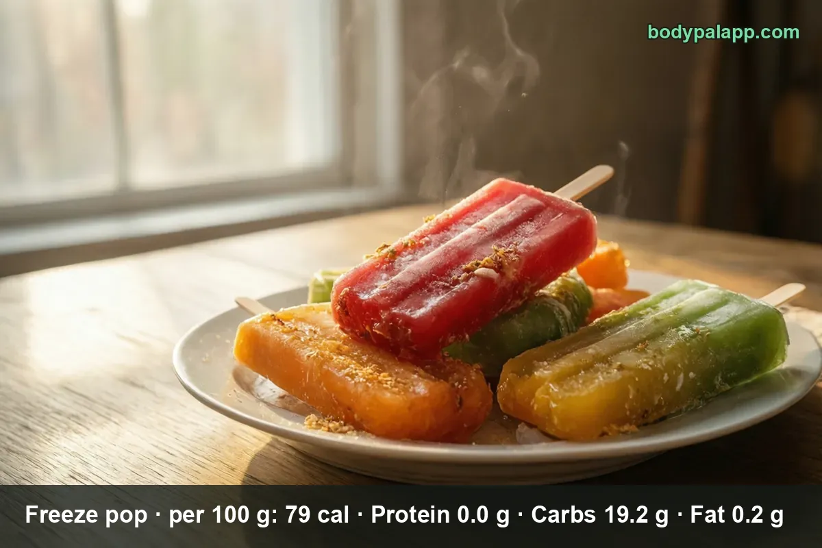 Four freeze pops on wooden sticks in red, orange, green and yellow on a white plate, with crumbs scattered on top.