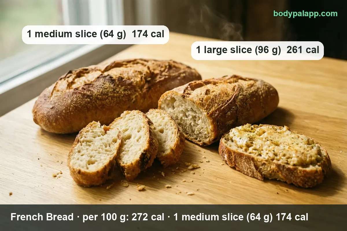 Cut French bread loaf with three slices, one spread with garlic herb butter: 1 medium slice (64 g) 174 cal, 1 large slice (96 g) 261 cal