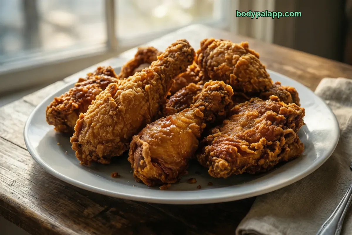 Fried chicken, fried, coated, skin eaten