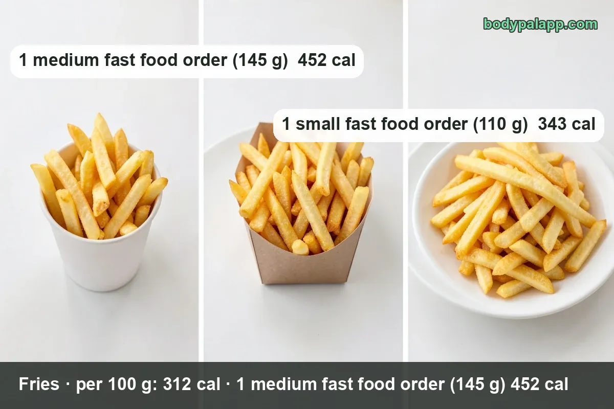 Three servings of fries: plain fries on a white plate, seasoned fries on a second plate, cardboard tray; 145 g 452 cal and 110 g 343 cal