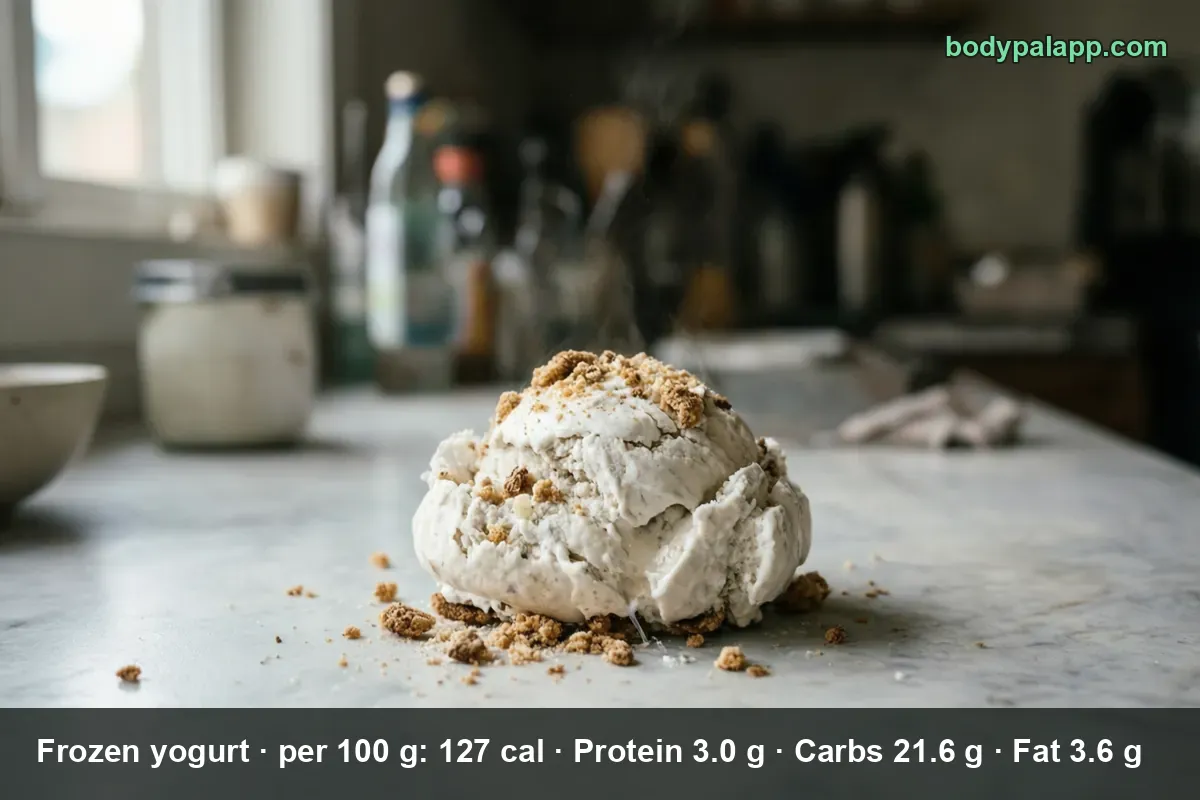 A single scoop of white frozen yogurt topped with granola on a marble countertop