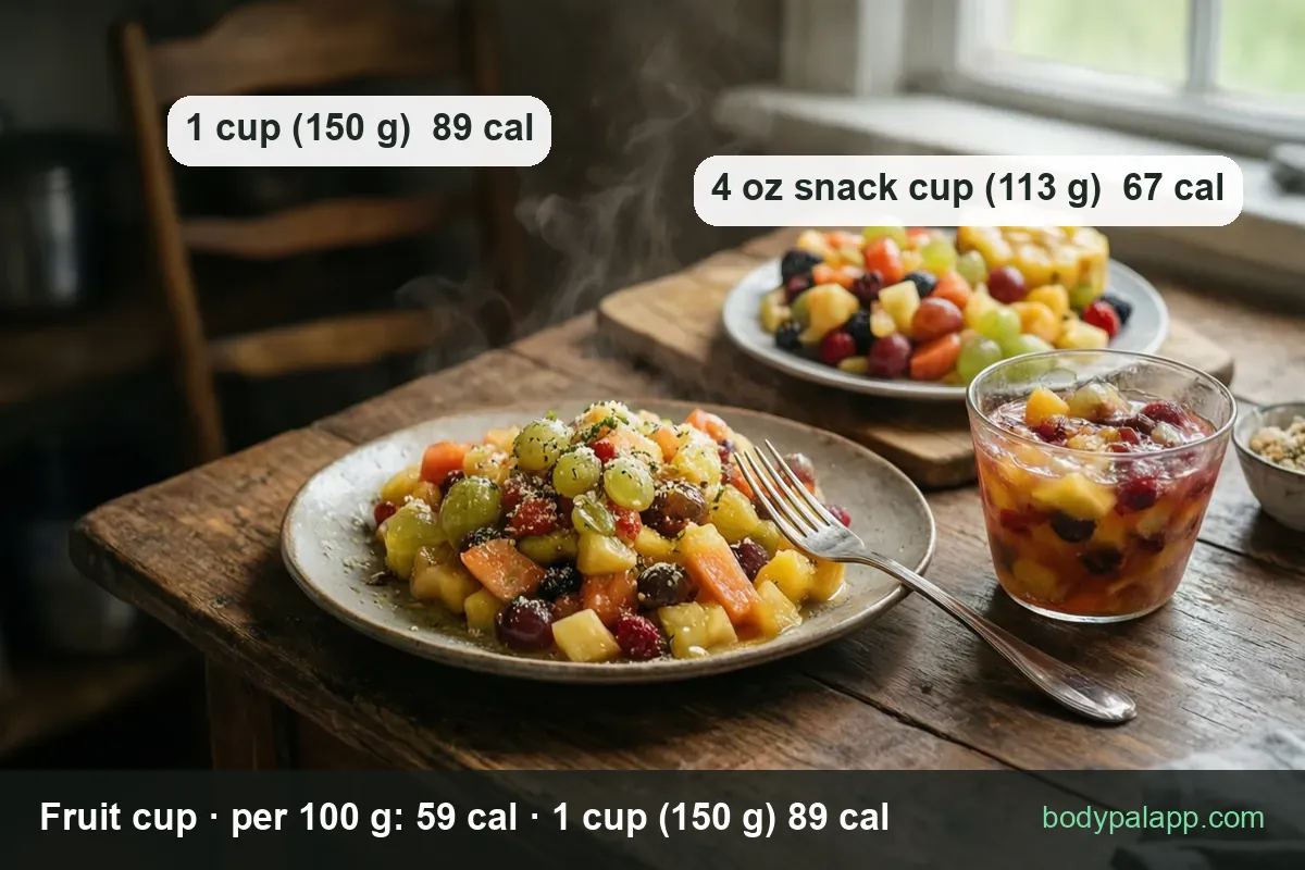 Cut melon, pineapple, grapes and berries on a plate with a cup of fruit in juice: 1 cup 150 g 89 cal, 4 oz cup 113 g 67 cal