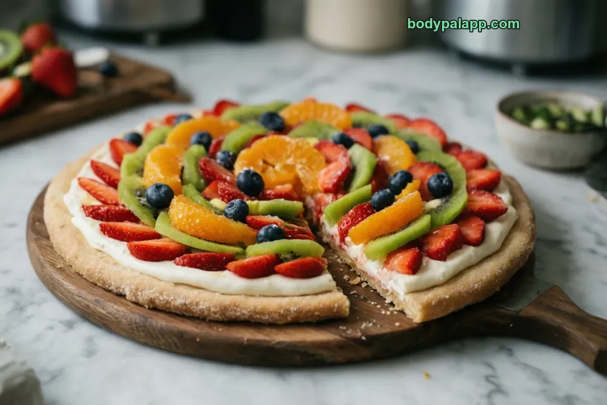Fruit pizza, dessert style, sweet crust