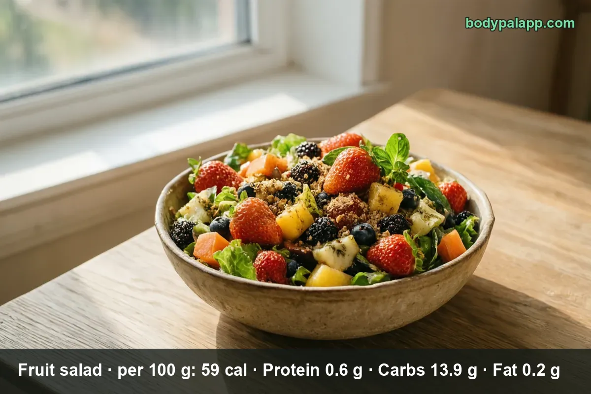 Bowl of fruit salad with strawberries, blackberries, blueberries, mango and pineapple cubes, lettuce leaves and a crumb topping
