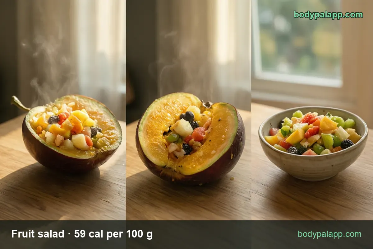 Three panels of diced fruit salad in a hollowed fruit half, a split whole fruit and a small white bowl; 1 cup 150 g and half cup 75 g