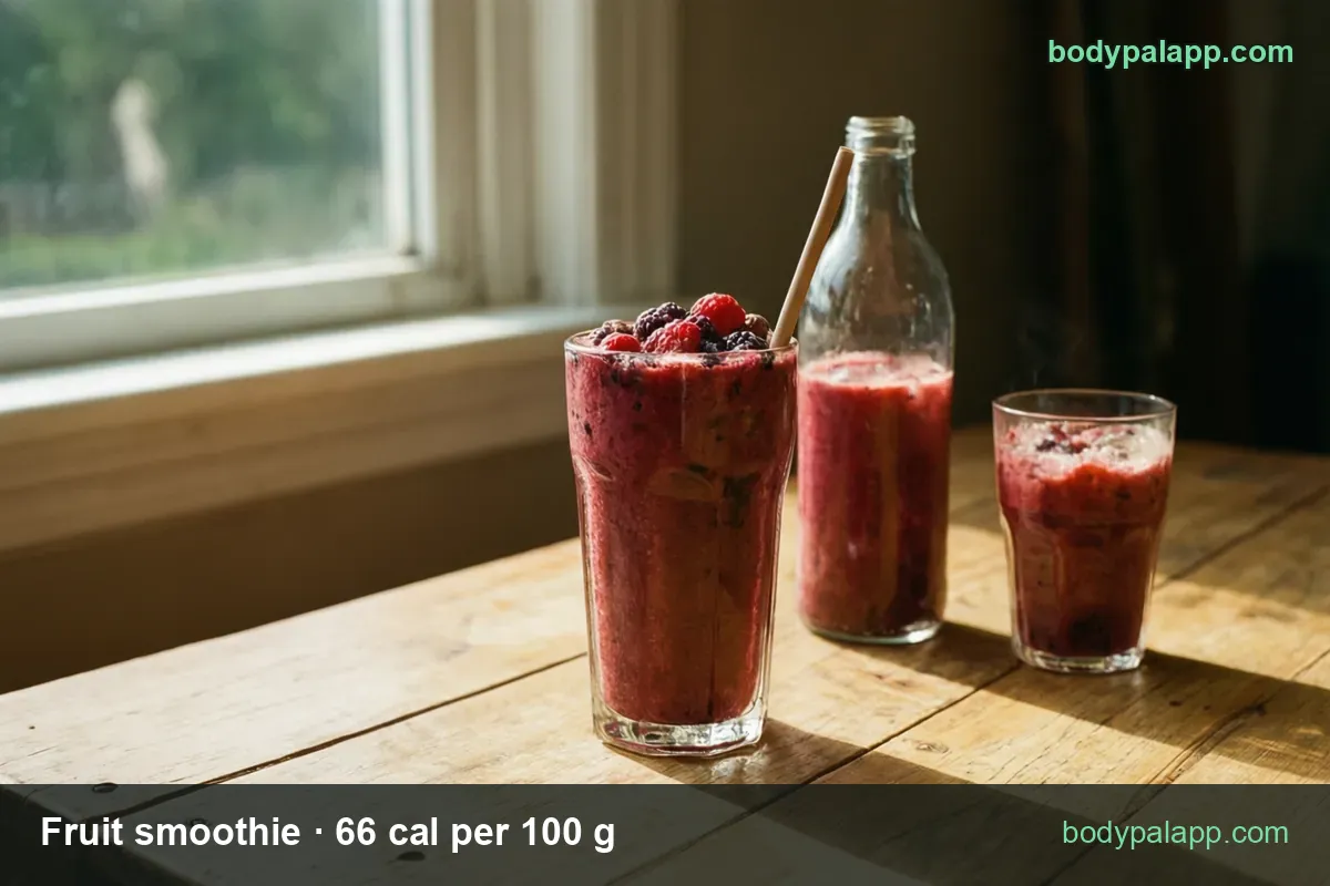 Berry smoothie glass with raspberries and blackberries, a glass bottle and a small glass; 1 cup 143 cal, 1 small 356 cal