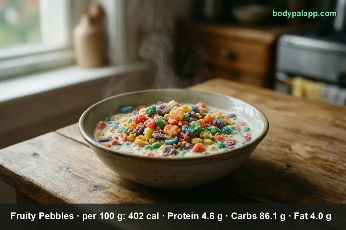 Bowl of colorful fruity rice cereal in milk, no packaging or logo
