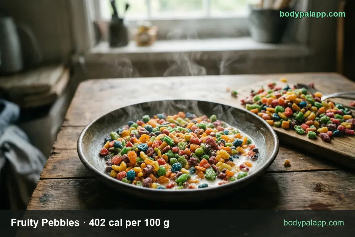 Shallow dish of colorful crunchy rice cereal in milk beside dry cereal on a board; 3/4 cup (27 g) 109 cal, 1 cup (36 g) 145 cal