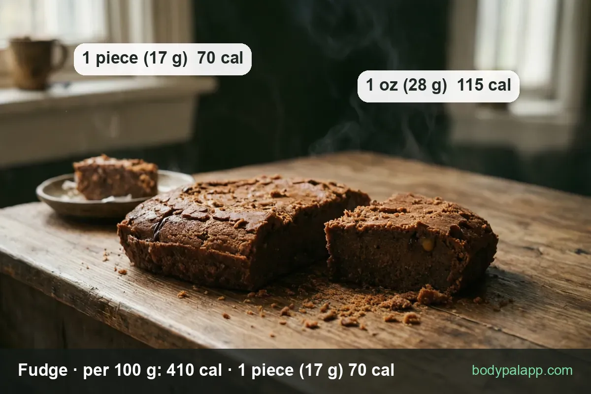 Brown fudge block cut into two pieces with a small piece on a dish; 1 piece (17 g) 70 cal, 1 oz (28 g) 115 cal