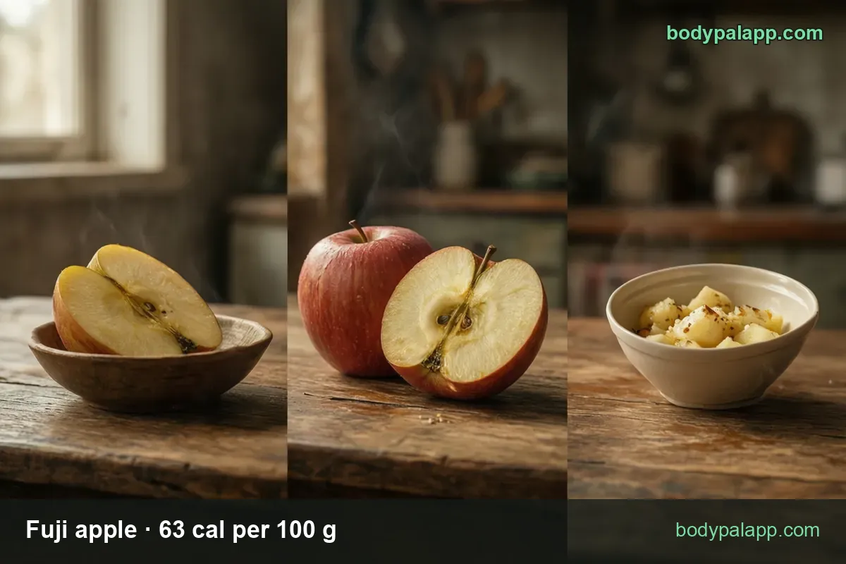 Three pale fuji apple cubes with serving chips: 1 medium apple (192 g) 121 cal and 1 cup sliced (109 g) 69 cal.