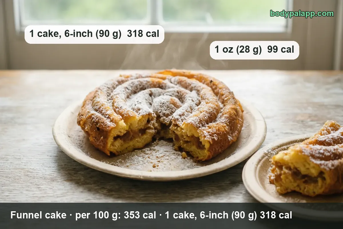 Funnel cake with powdered sugar cut at the front and one piece on a small plate: 1 cake 6-inch 90 g 318 cal, 1 oz 28 g 99 cal