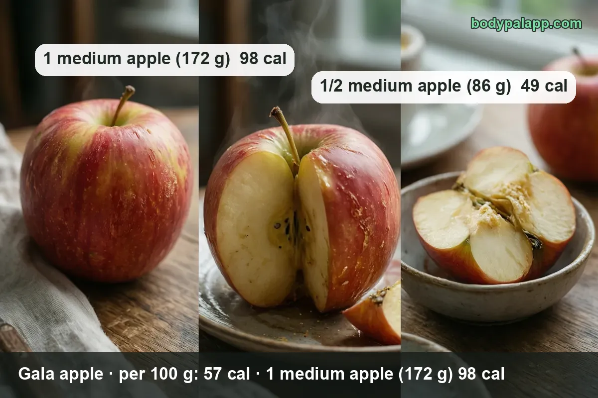 Bowl of two gala apple halves with a whole apple and a coffee cup behind, labeled 1 medium apple (172 g) 98 cal and 1/2 medium apple (86 g) 49 cal