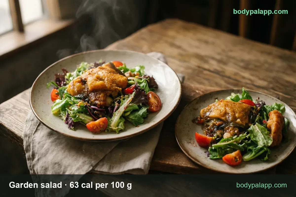 Two plates of mixed green salad with cherry tomatoes, radicchio and glazed chicken thigh; 1 salad (286 g) 180 cal, 1 cup (90 g) 57 cal