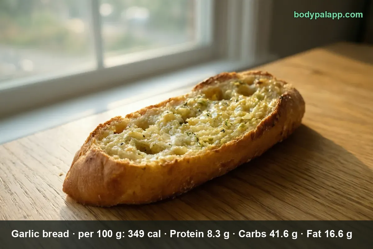 Half a baguette spread with garlic butter and herbs, toasted, on a wooden table - 143 calories per slice