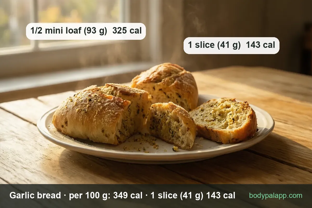 Small garlic bread loaf on a white plate cut into three pieces - 1 slice (41 g) 143 calories and half a mini loaf (93 g) 325 calories