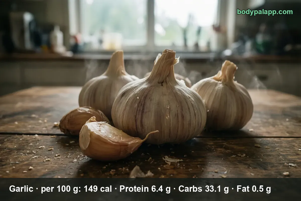 Three whole garlic heads and two loose cloves on a wooden table with steam rising