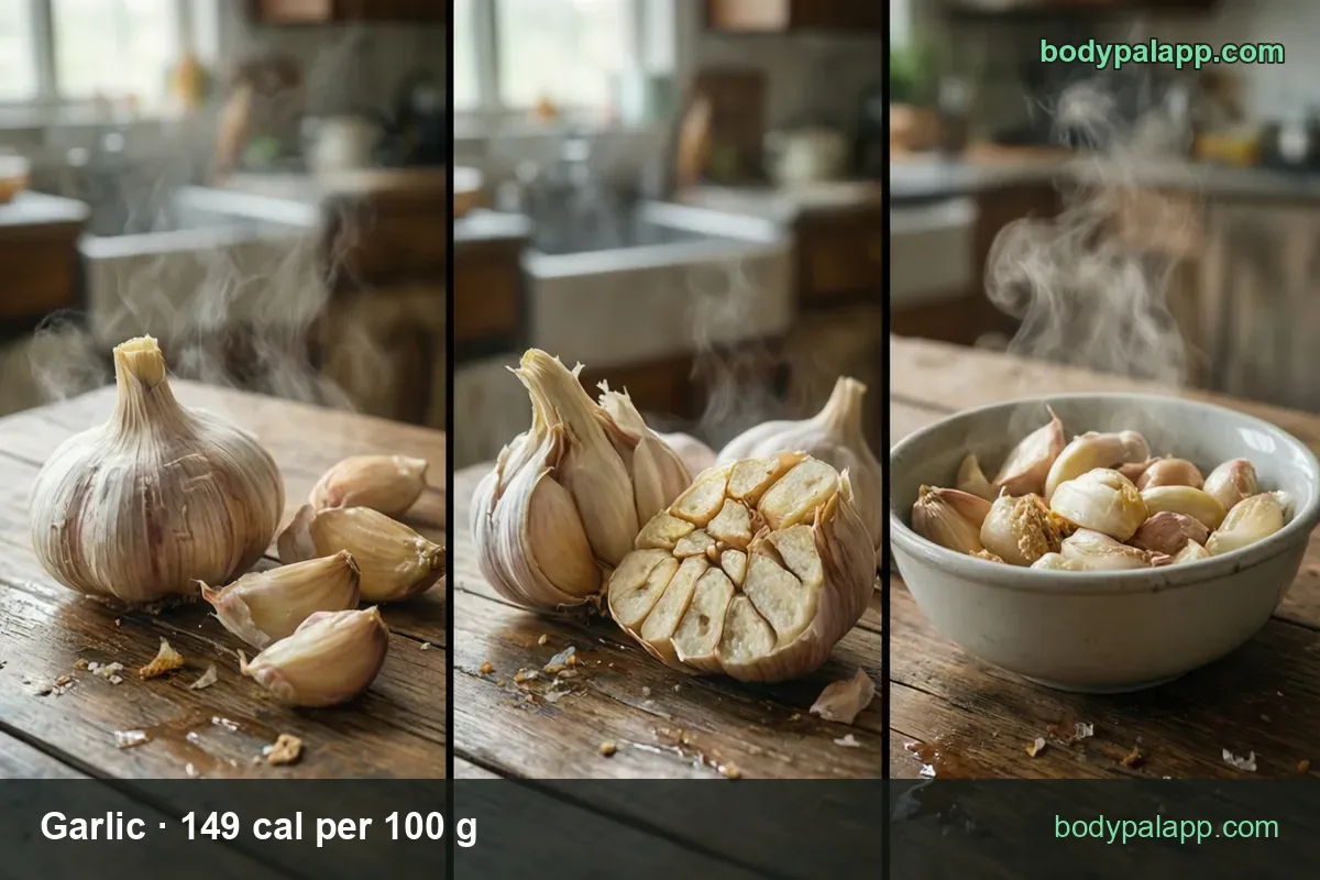Garlic head with three cloves, a halved head and a bowl of peeled cloves; 3 cloves (9 g) 13 cal, 1 cup (136 g) 203 cal