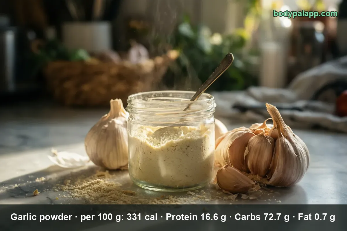 Open jar of garlic powder with a small spoon, two whole garlic bulbs and loose cloves beside it, spilled powder in front.