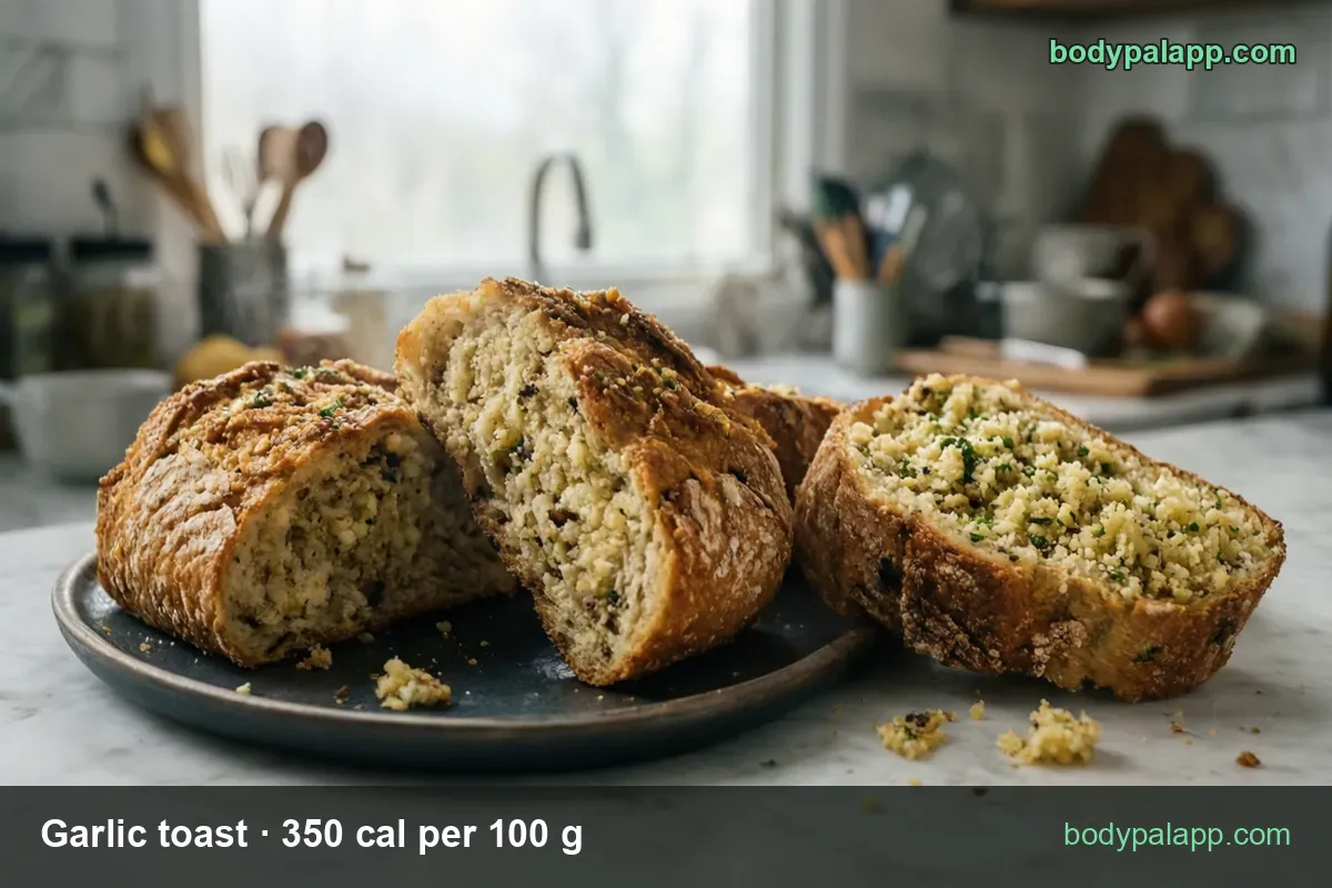 Loaf of garlic toast bread with serving chips: 1 mini loaf 176 g at 616 calories and 1 slice Texas Toast 40 g at 140 calories.