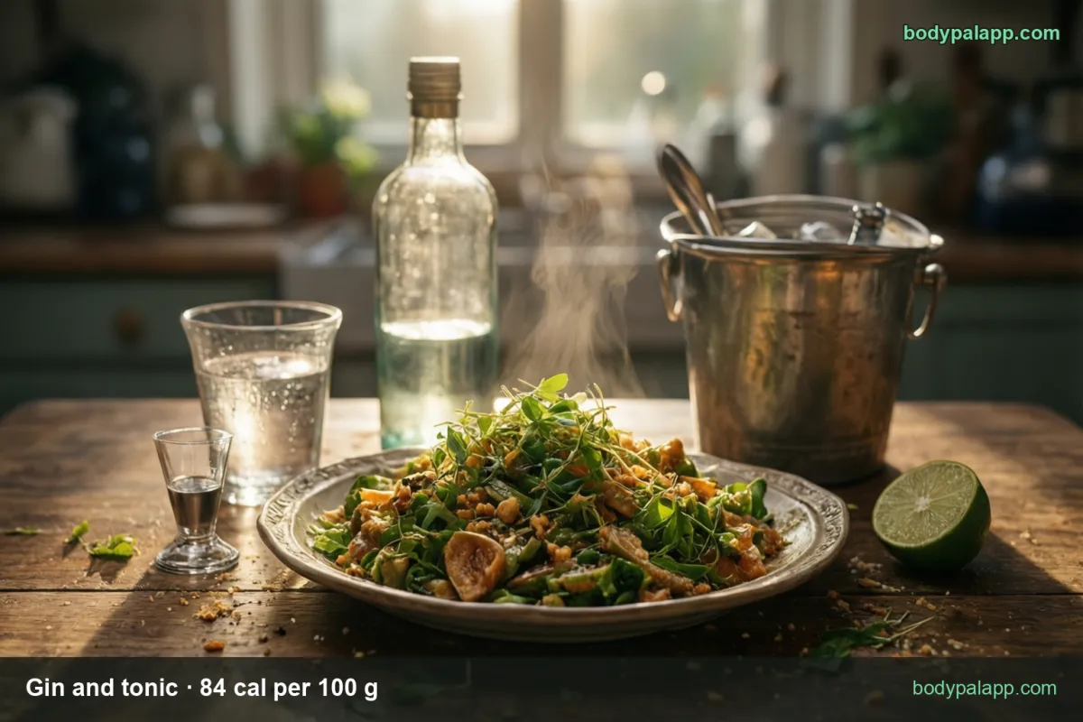 Large balloon glass and small glass of gin and tonic with ice and lime by a clear bottle: 1 drink (225 g) 189 cal, 1 fl oz (30 g) 25 cal