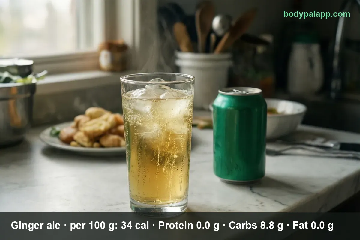 Tall glass of pale gold ginger ale over ice next to an unlabeled green can