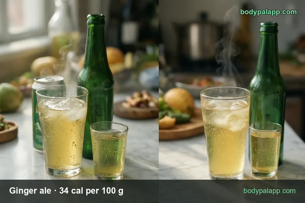 Green can and green bottle of ginger ale with a tall iced glass and a small glass, 12 fl oz 124 cal and 16 fl oz 166 cal