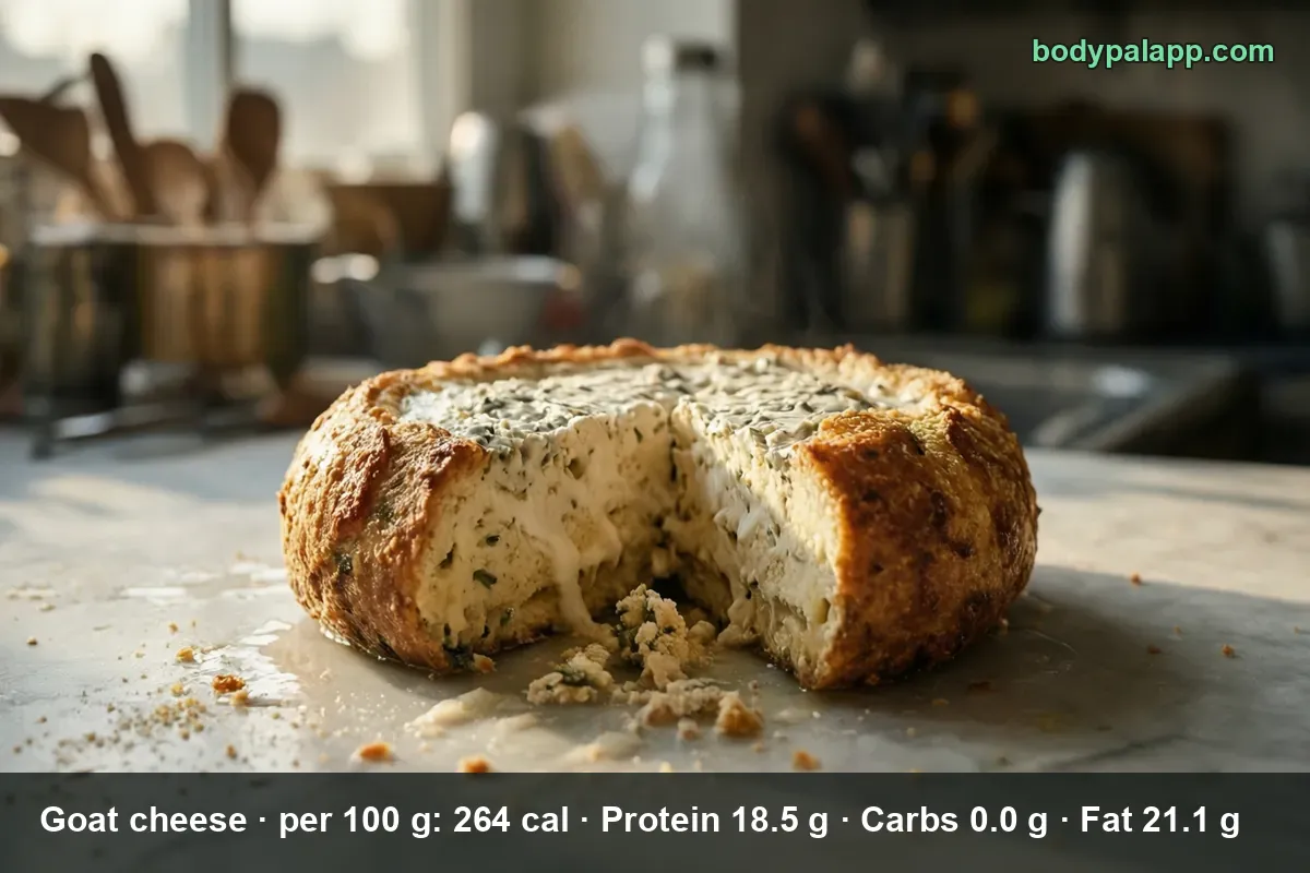 Round wheel of goat cheese with golden crisp crust and creamy white herbed interior, one wedge cut out.