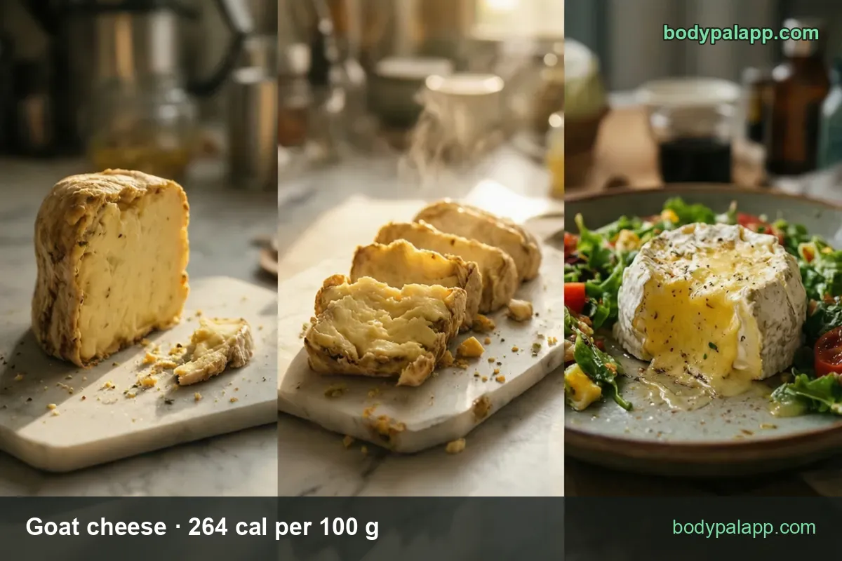 Three panels of goat cheese: rinded block, three rinded slices, small white-rind round melted on salad; 1 oz 75 cal, 1 cup crumbled 370 cal.