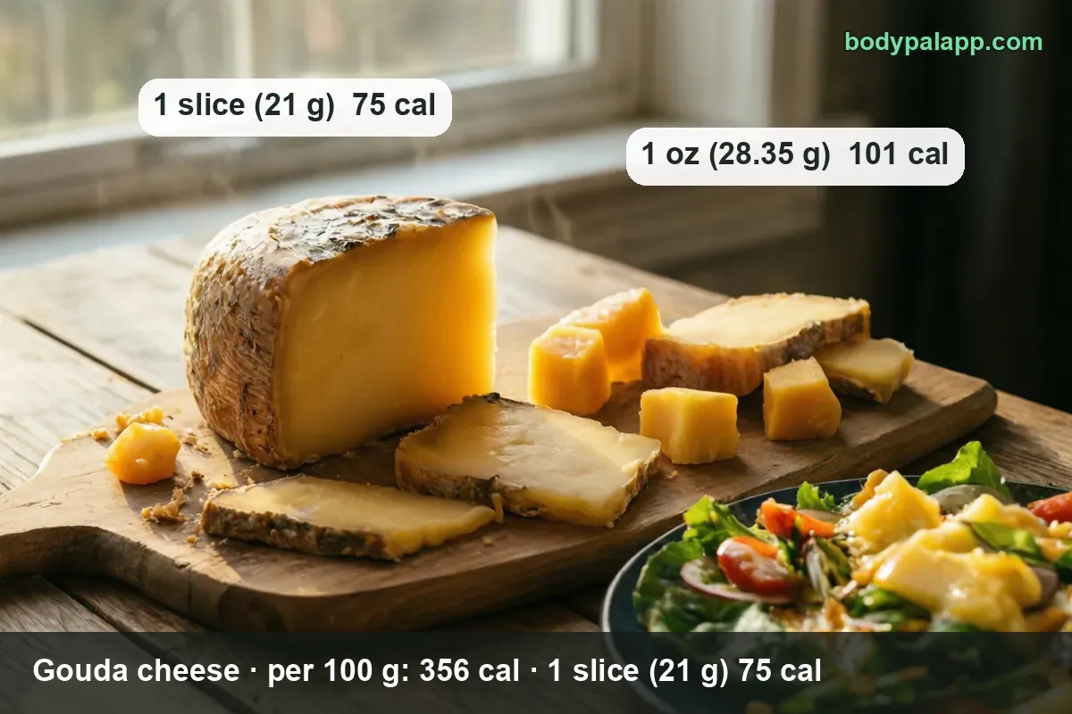 Gouda cheese board: wedge with rind, three slices, four cubes, green salad with cheese; 1 slice (21 g) 75 cal, 1 oz (28.35 g) 101 cal