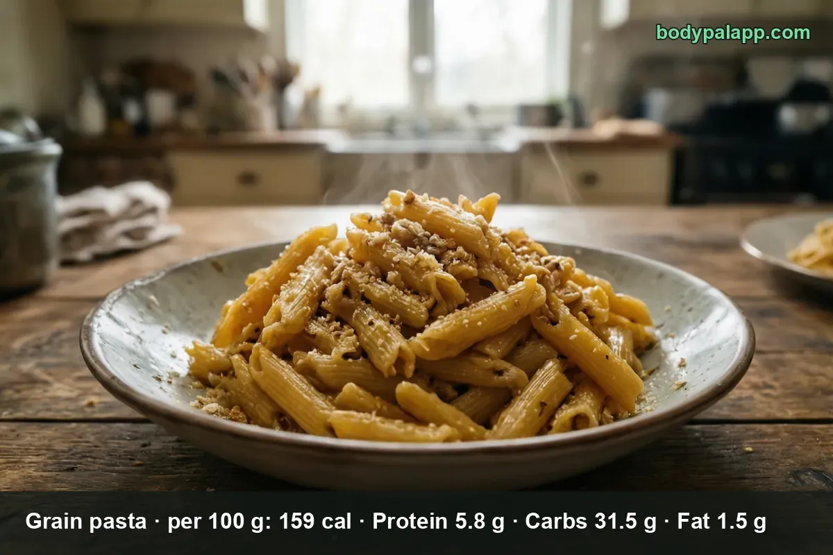 Bowl of cooked whole grain penne topped with grated parmesan and crumbs, steam rising.