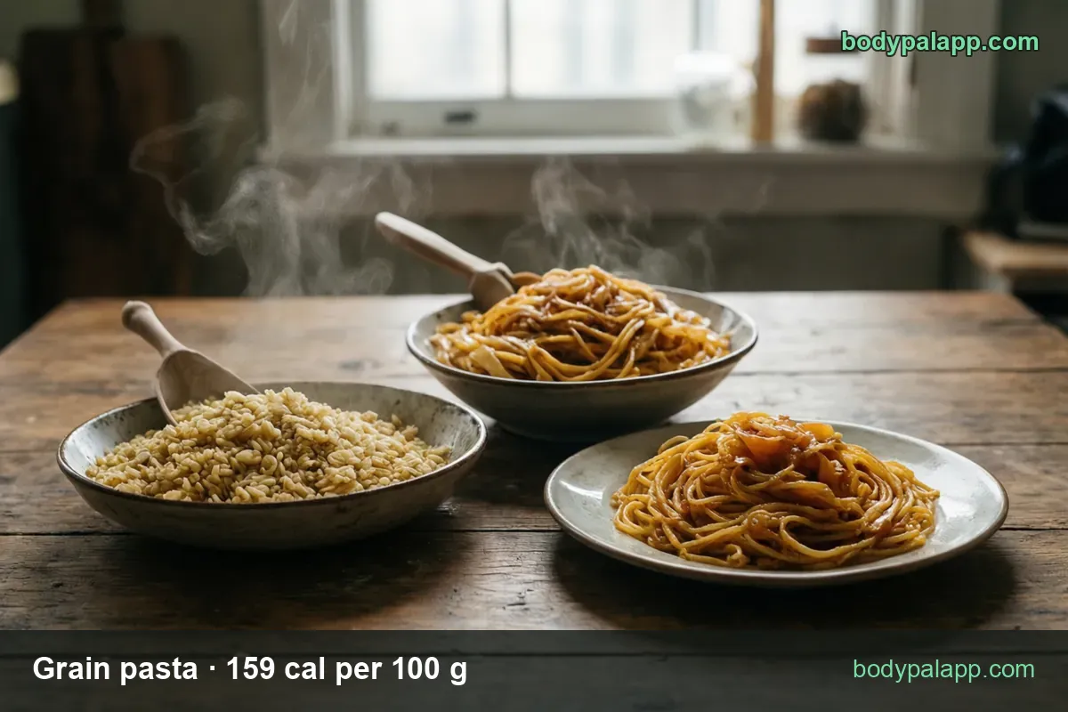 Bowl of cooked whole grains, bowl of whole grain spaghetti in sauce and a plate of spaghetti; 1 cup 223 cal, 2 cups 445 cal.