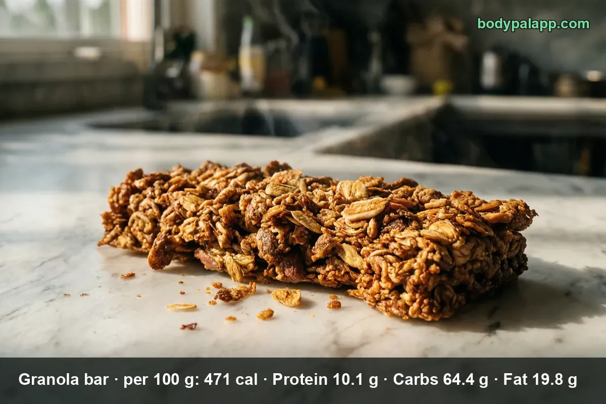 Close-up of a single granola bar packed with oats, nuts and dried fruit, with crumbs beside it