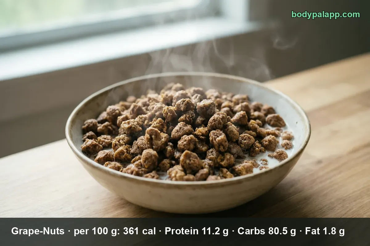 Bowl of Grape-Nuts cereal with milk, brown crunchy clusters
