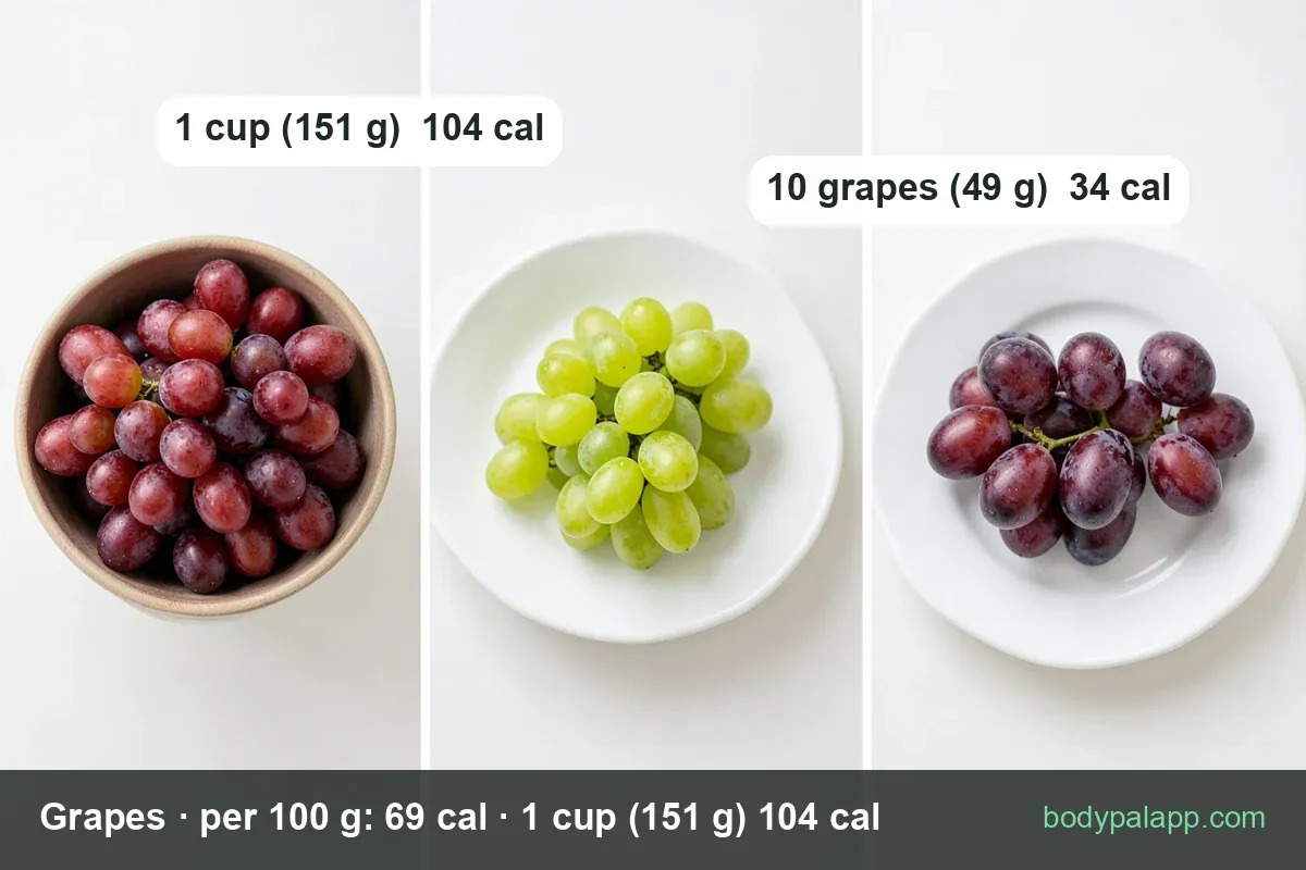 Three bunches of red grapes with water droplets on two stone boards and a plate, with 1 cup 151 g and 10 grapes 49 g chips