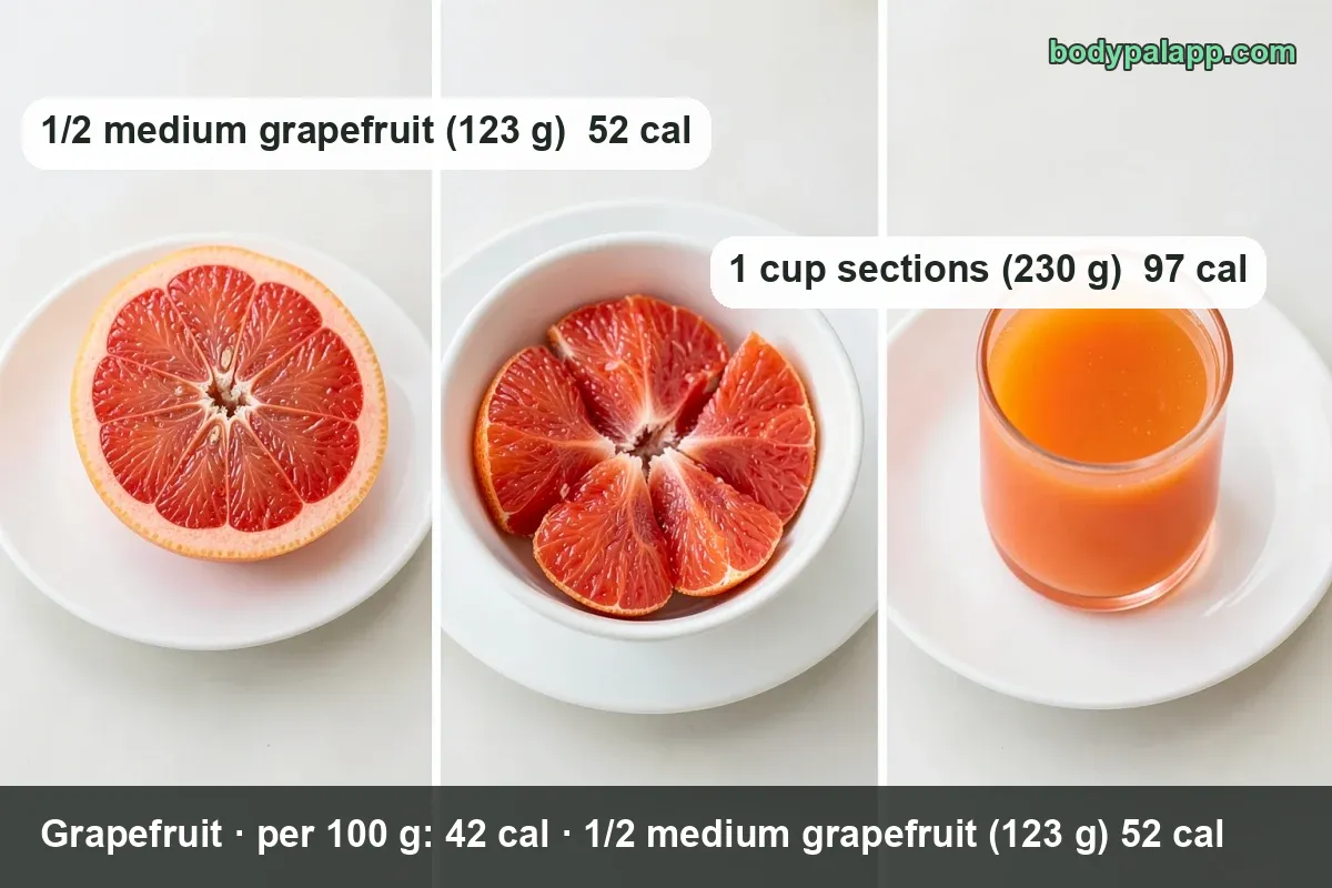 Three pink grapefruit halves cut side up, on a plate, a board and the table; chips: 1/2 grapefruit 123 g 52 cal, 1 cup sections 230 g 97 cal.