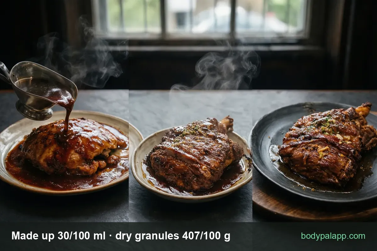 Gravy granules dry vs made up calories – 407 per 100 g vs 30 per 100 ml