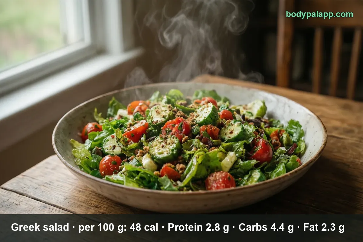 Large bowl of Greek salad with lettuce, cucumber, cherry tomatoes and olives, no visible feta, steam rising