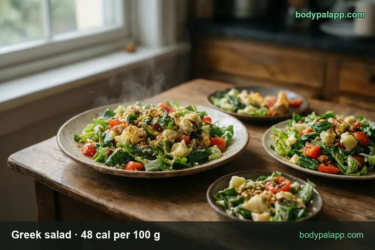 Four plates of Greek salad on a wooden table, one large with lettuce, tomatoes, feta and herbs; 1 cup 105 g and 2 cups 210 g