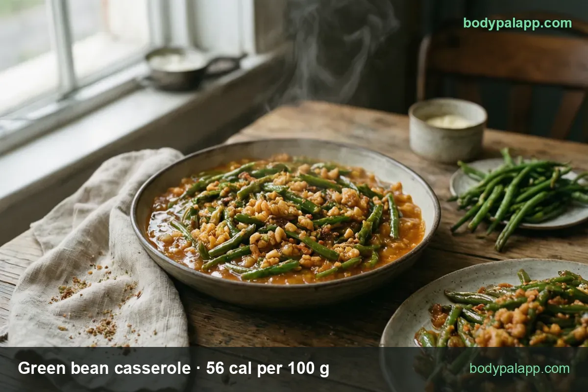 Bowl of green bean casserole in thick sauce with crunchy topping beside plates of green beans, 1 cup 129 cal and 1/2 cup 64 cal