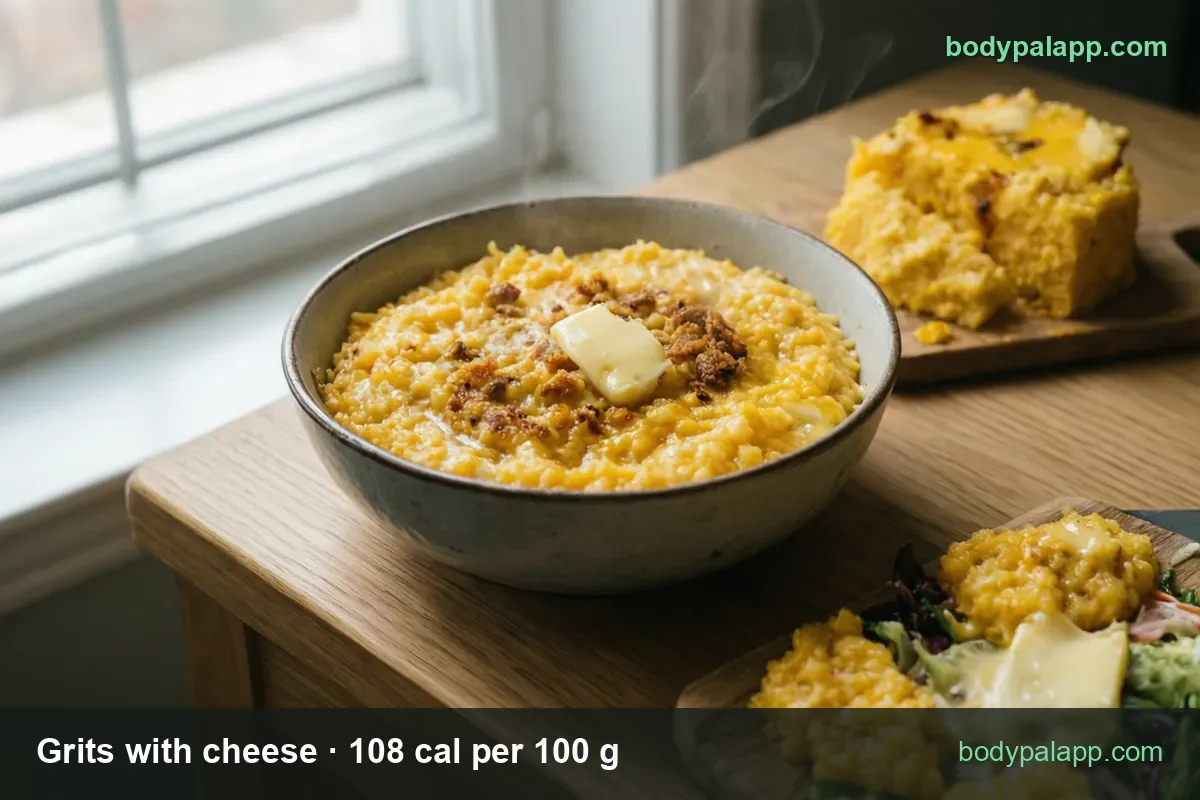 Bowl of cheese grits with butter, a baked cheese grits block and two scoops on greens; 1 cup 259 cal, 1/2 cup 130 cal.