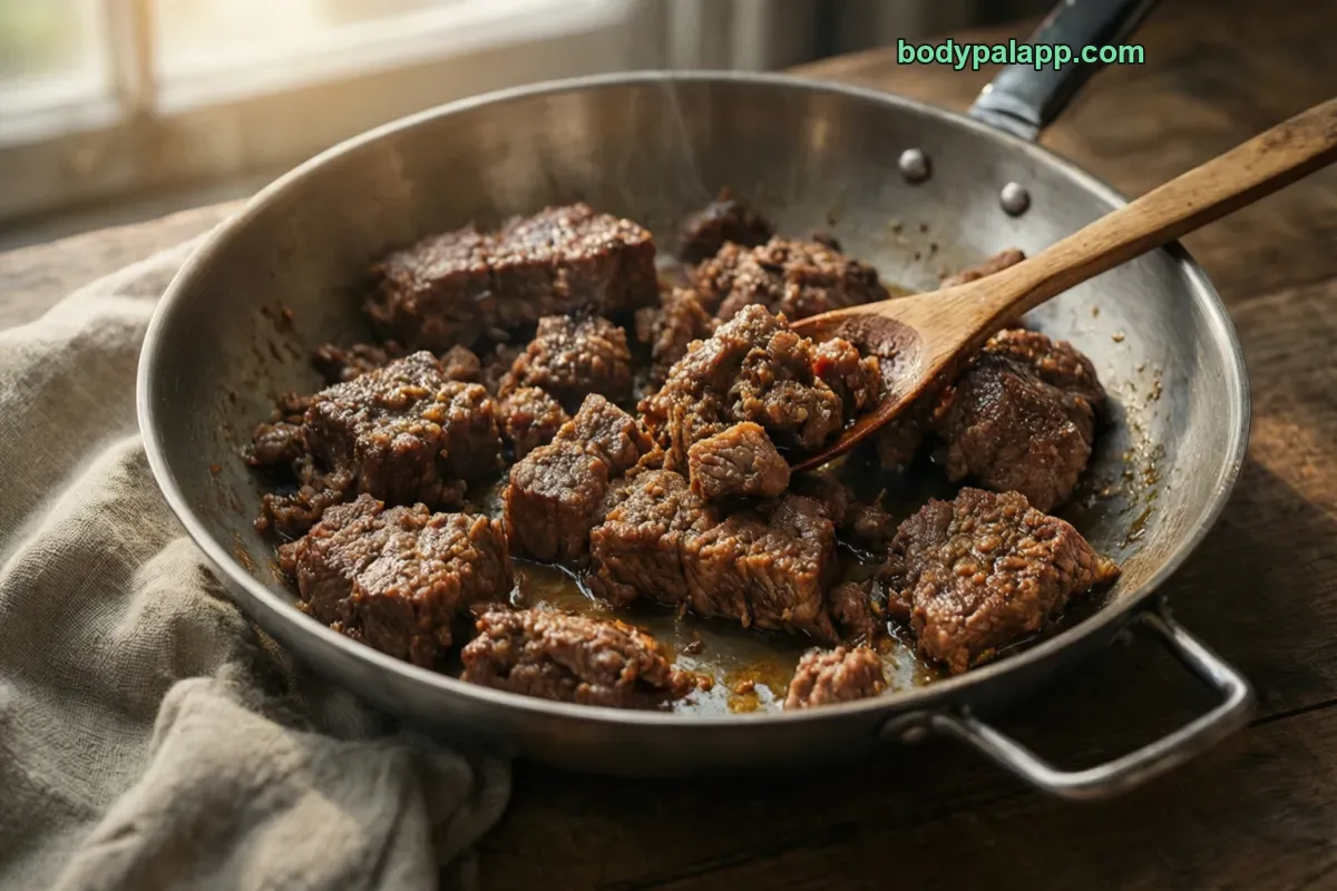 Cooked ground beef, cooked, fat unspecified