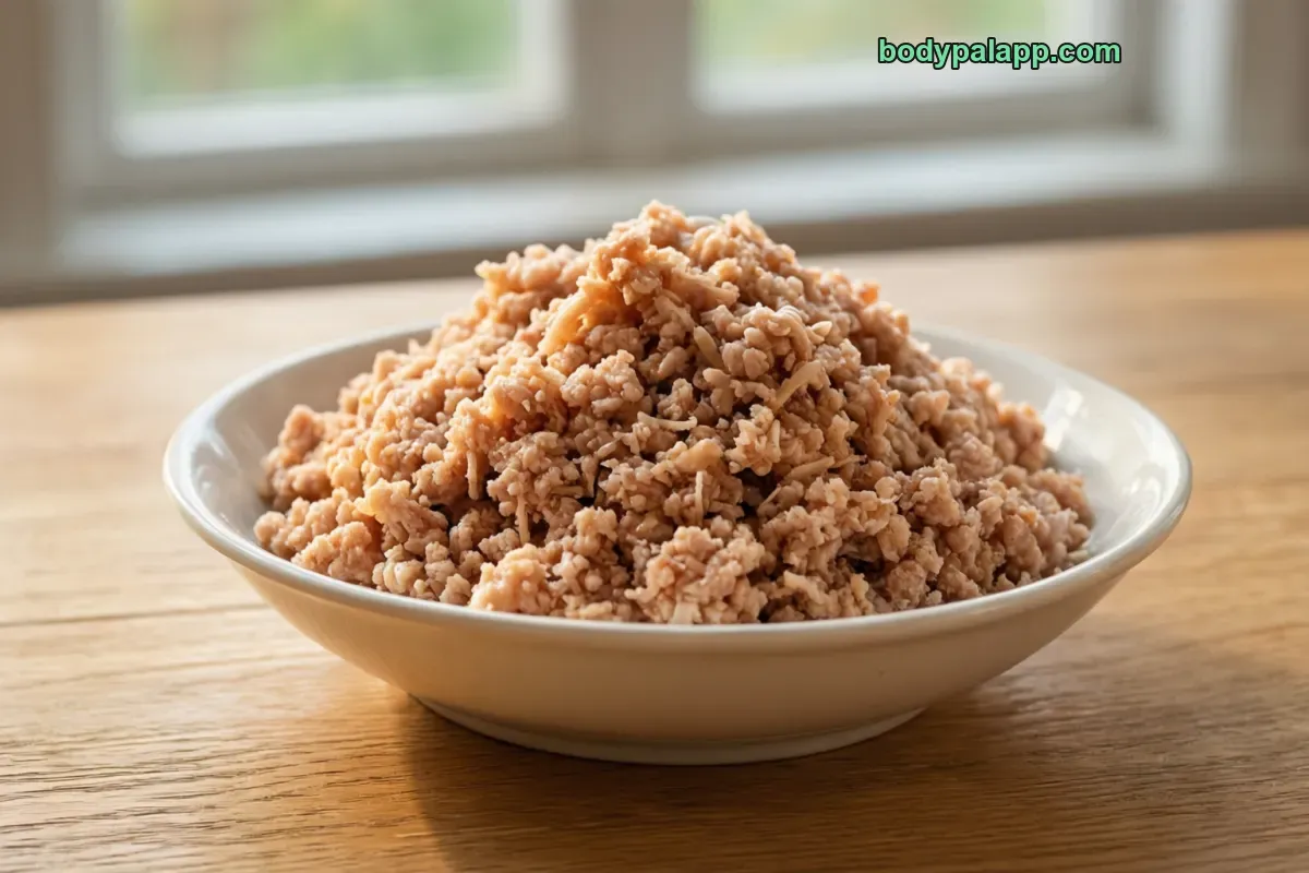 Ground chicken, cooked, pan-browned