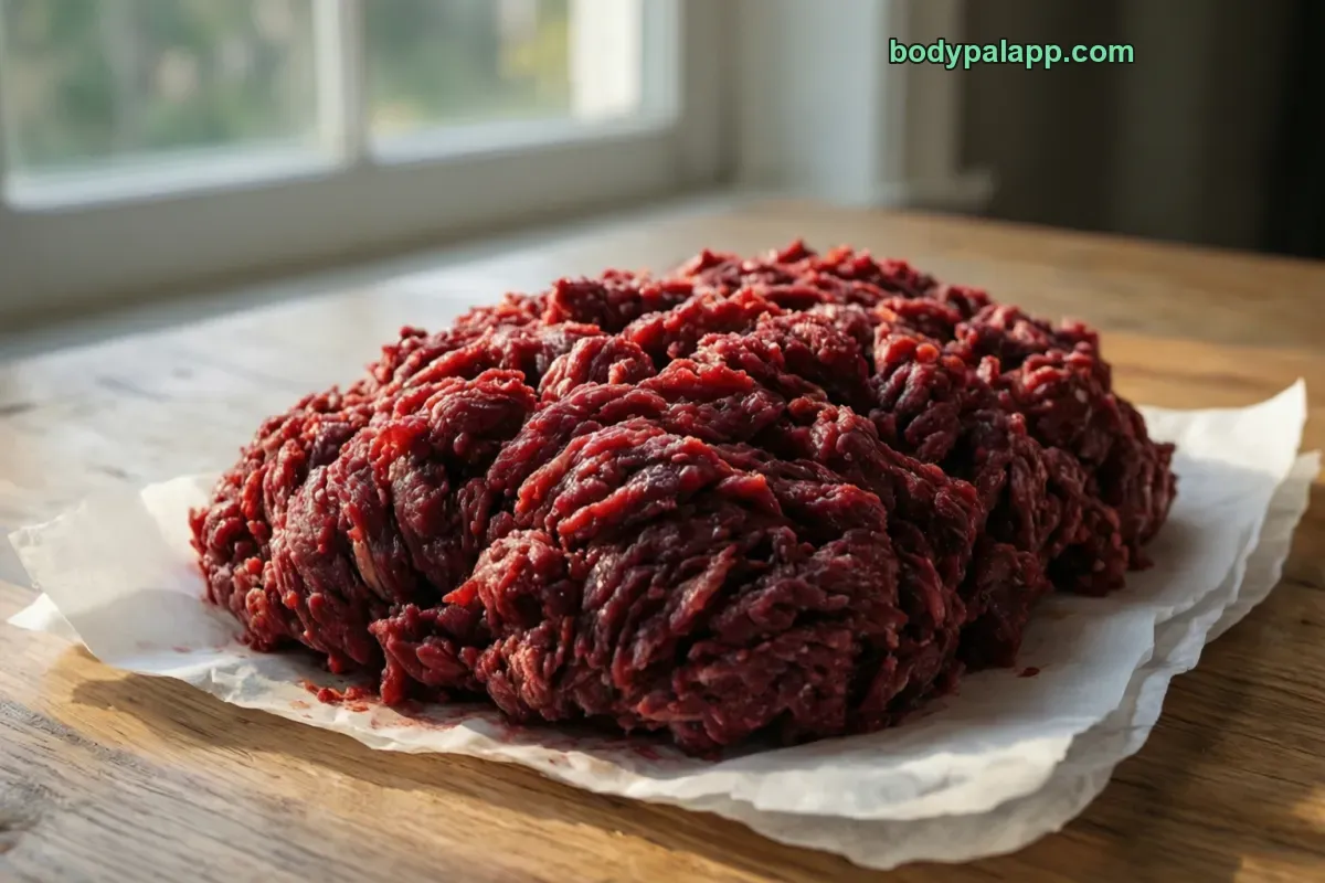 Ground deer meat, cooked, pan-broiled