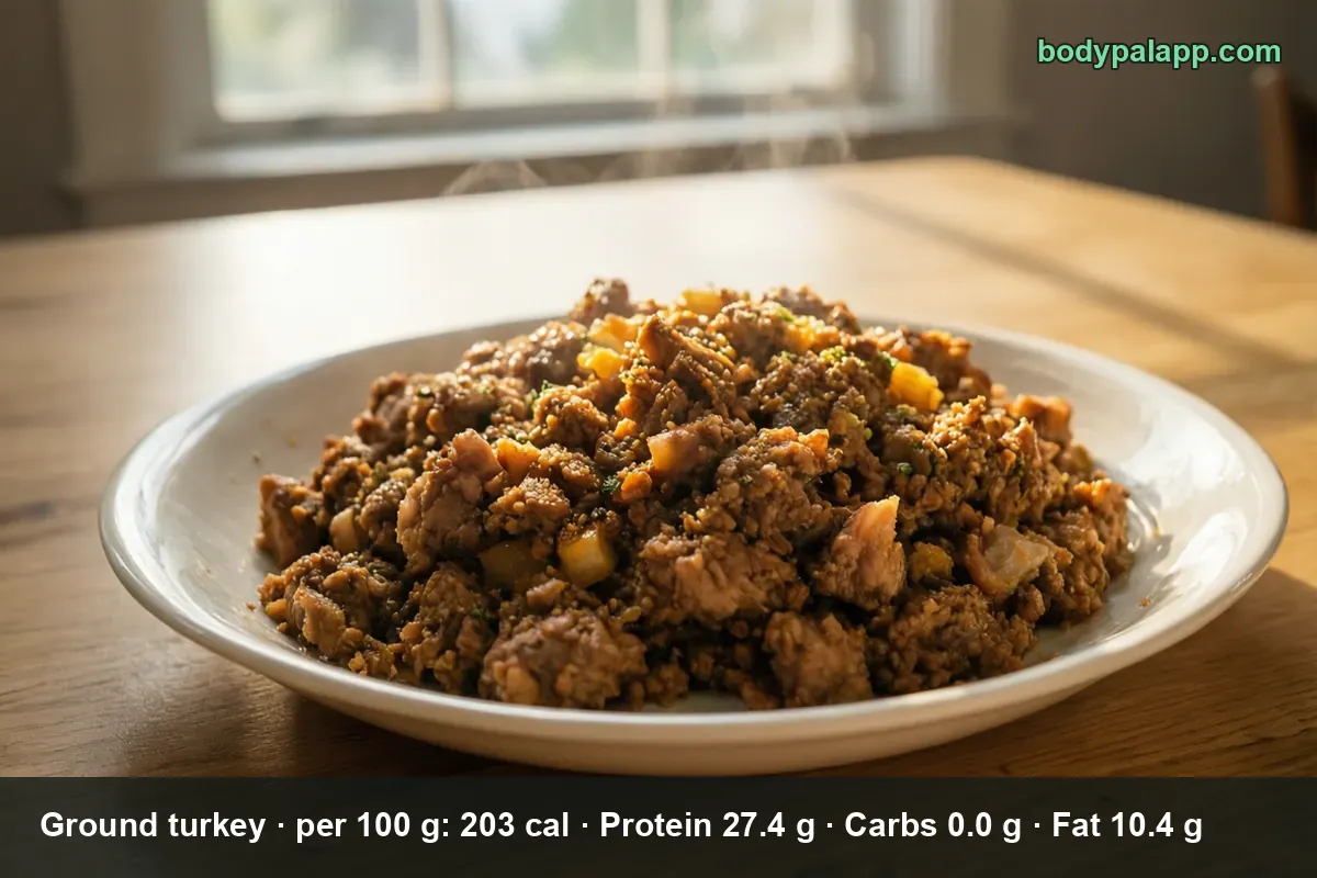 Cooked ground turkey crumbles with onion, steaming on a white plate