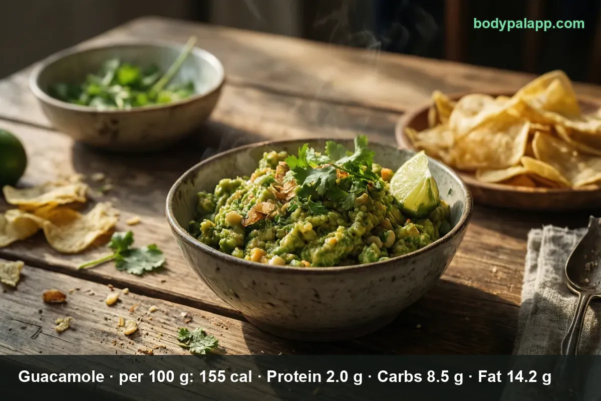 Bowl of guacamole topped with cilantro and a lime wedge, tortilla chips beside it on a wooden table