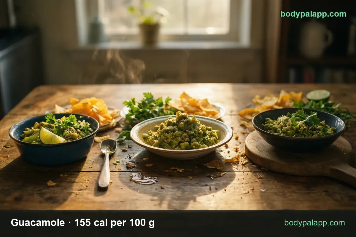 Three guacamole servings in a blue bowl, white plate and dark bowl with chips, cilantro and lime; 2 tablespoons 47 cal and 70 g 109 cal
