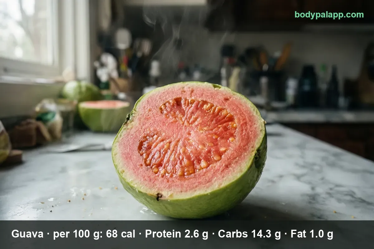 Half a fresh guava with pink flesh on a marble countertop, steam rising from the cut side.