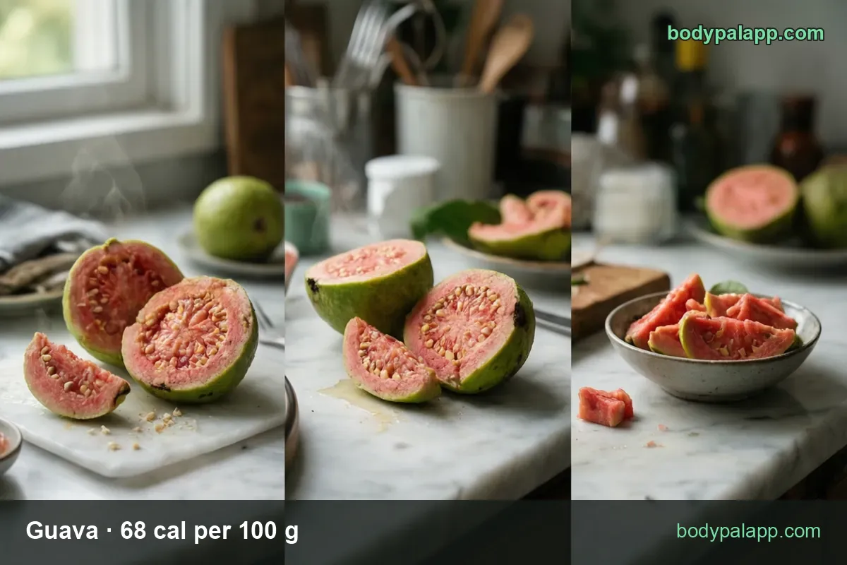 Guava halves and slices on a marble board with a whole guava behind, labeled 1 guava (55 g) 37 cal and 1 cup (165 g) 112 cal.